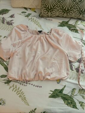 Ann Taylor Pale Blush Satin Puff-Sleeve Top
